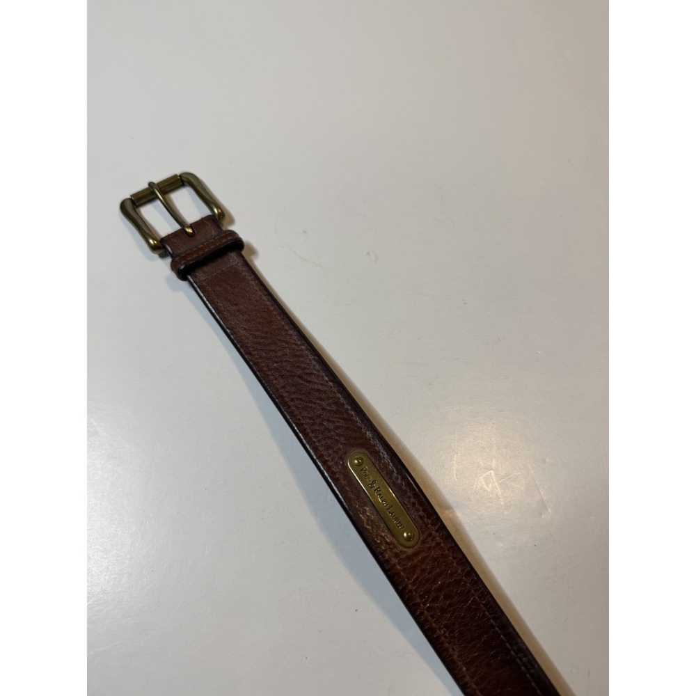 Vtg Polo Ralph Lauren Belt Mens 34 Brown Leather Dress Logo Plaque Brass Buckle